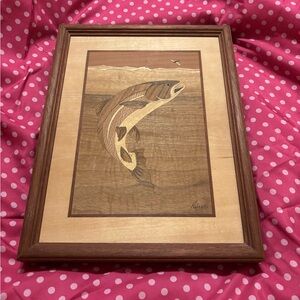 Hudson River Inlay “Trout with Dragonfly" by Jeff Nelson 10” x 13” Vintage Decor